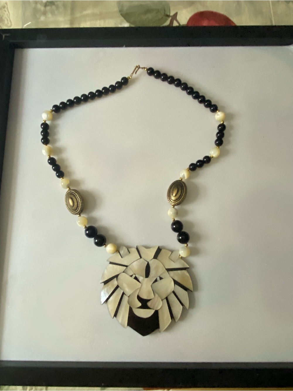 Handcrafted Black and Cream Lion Pendant Beaded Necklace
